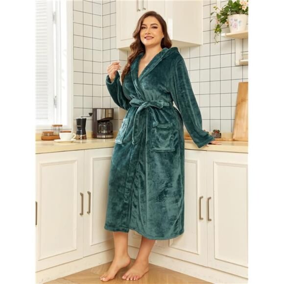 Women Hooded Fleece Robe Green - Picture 2 of 6